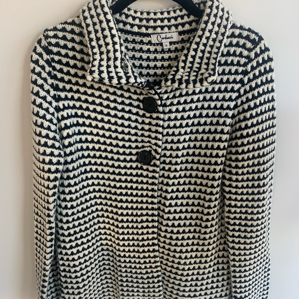 Carducci Collared Black & White Patterned Knit Button Front Cardigan Size Small